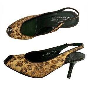90s Donald Pliner Leopard Print Slingback Heels | Rockabilly Peep Toe 7.5 M